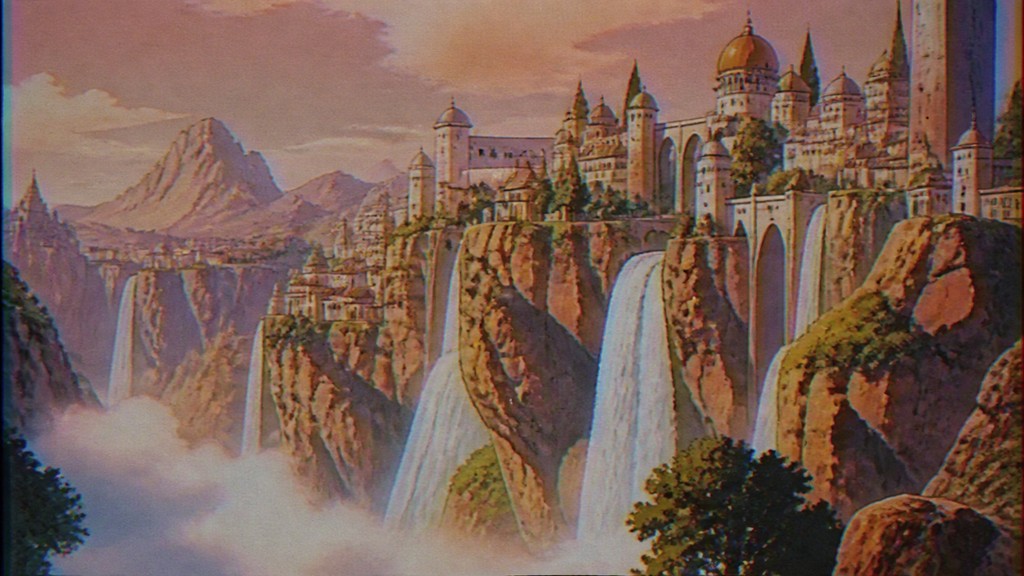 a cliffside city with waterfalls cascading into a misty canyon, wide establishing shot, no people, no text