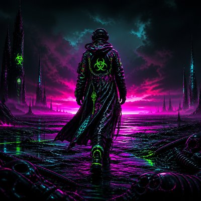 a solitary figure walking toward a glowing horizon across an empty plain, moody atmosphere, no text or lettering