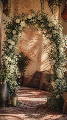 an arch of white roses and eucalyptus in soft morning light, elegant vertical composition with open space, no text
