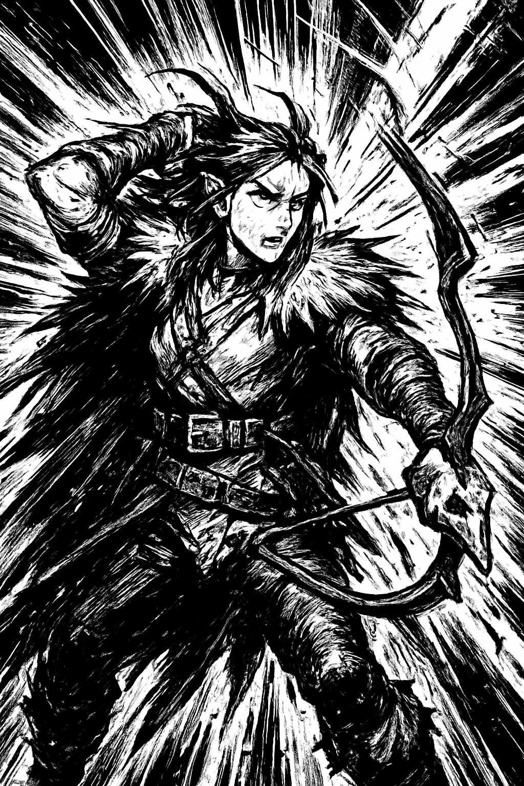 a black and white drawing of a woman with a bow