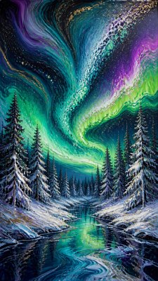 a snowy pine forest under the northern lights, no people