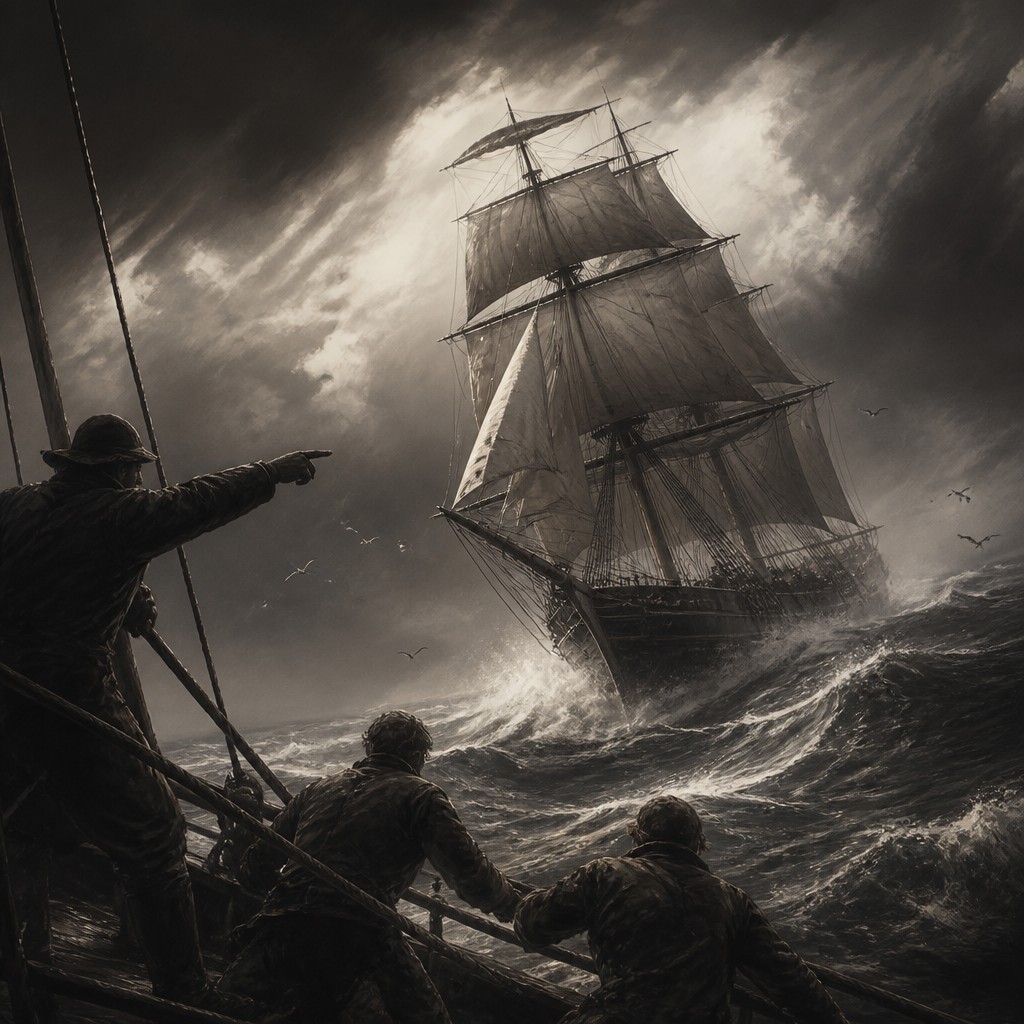 sailing ship on a stormy sea — Implied Line Art Style