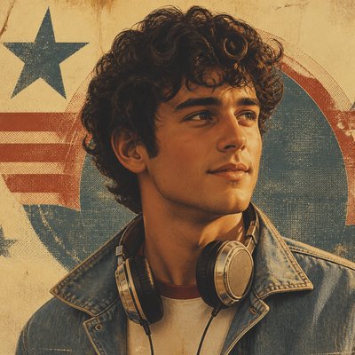 head-and-shoulders portrait of an original character: a young man with curly dark hair and headphones around his neck, plain backdrop, no text