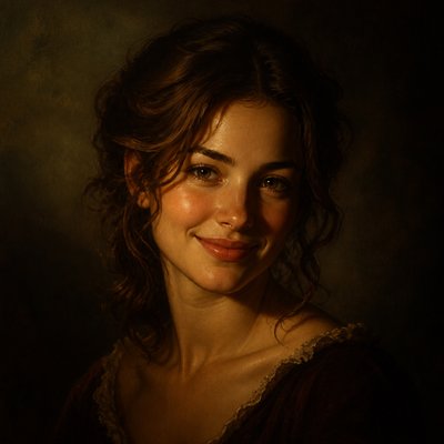 head-and-shoulders portrait of an original character: a young woman with wavy chestnut hair and a warm smile, plain soft backdrop