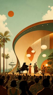 a live music scene with a glowing stage and silhouetted crowd, energetic vertical composition with open space at the top, no text