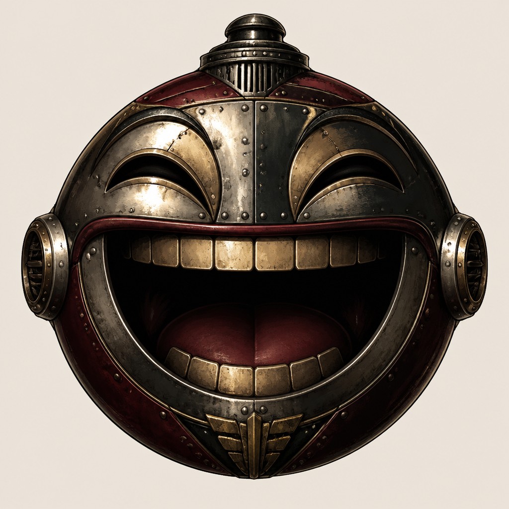 an exaggerated laughing face of an original round mascot character, bold and readable at small size, plain background, no text