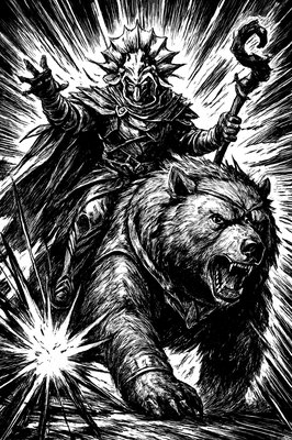 a black and white drawing of a man riding a bear