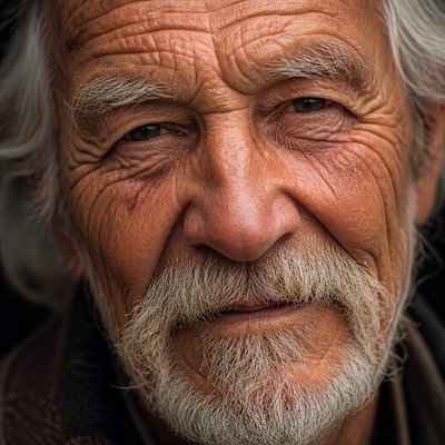 close-up portrait of an elderly person with expressive weathered features