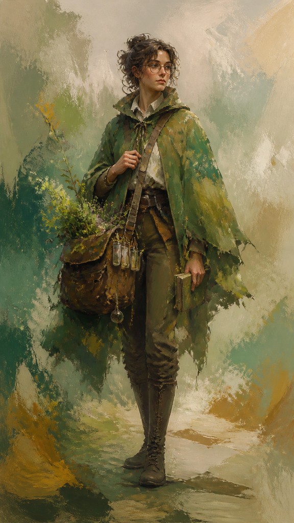full-body original character: a wandering botanist with a satchel of plants, a patched green cloak, tall boots and round glasses, neutral background