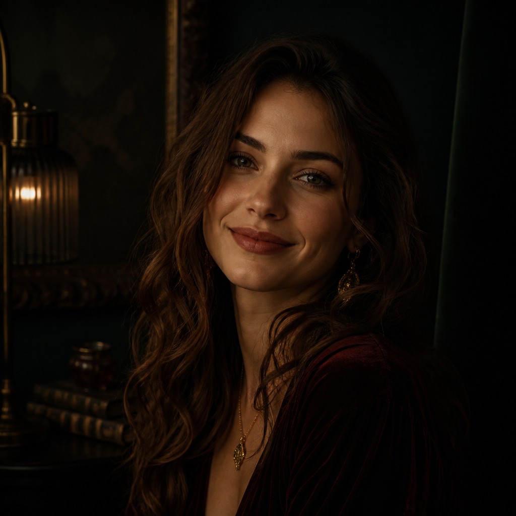 head-and-shoulders portrait of an original character: a young woman with wavy chestnut hair and a warm smile, plain soft backdrop
