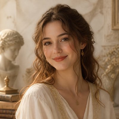 head-and-shoulders portrait of an original character: a young woman with wavy chestnut hair and a warm smile, plain soft backdrop