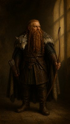 full-body original character: a dwarven ranger with a braided auburn beard, worn leather armor, a longbow and a wolf-pelt cloak, neutral background, no text