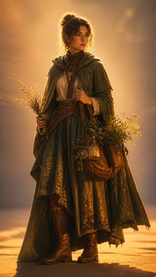 full-body original character: a wandering botanist with a satchel of plants, a patched green cloak, tall boots and round glasses, neutral background