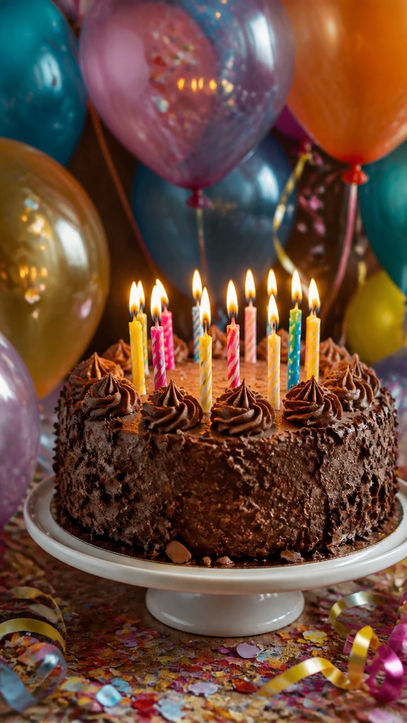 a birthday cake with lit candles surrounded by balloons and confetti, festive vertical composition, no text