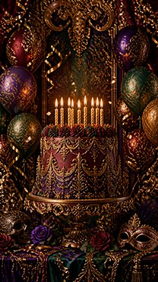 a birthday cake with lit candles surrounded by balloons and confetti, festive vertical composition, no text
