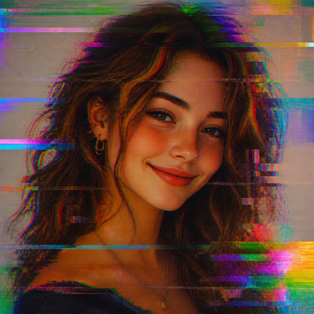 head-and-shoulders portrait of an original character: a young woman with wavy chestnut hair and a warm smile, plain soft backdrop