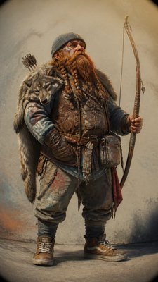 full-body original character: a dwarven ranger with a braided auburn beard, worn leather armor, a longbow and a wolf-pelt cloak, neutral background, no text
