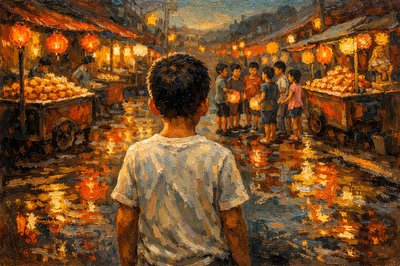 Wing Sun is a 10 year old Malaysian boy. We see him from the back as he stands, looking down the street in the evening. The scent of mooncakes and burning lantern oil fills the air in the street in Petaling Jaya where Wing Sun lives.  Everything is aglow with the soft light of lanterns, their colors reflected in the puddles left by the afternoon rain.  At least 6 vendors have pulled their carts up onto the sidewalks on both sides of the street, selling moon pies and other special treats.  
Several of Wing-Sun's neighborhood friends, some younger than he and some a little older, were standing around in a circle, waiting for him to come outside.