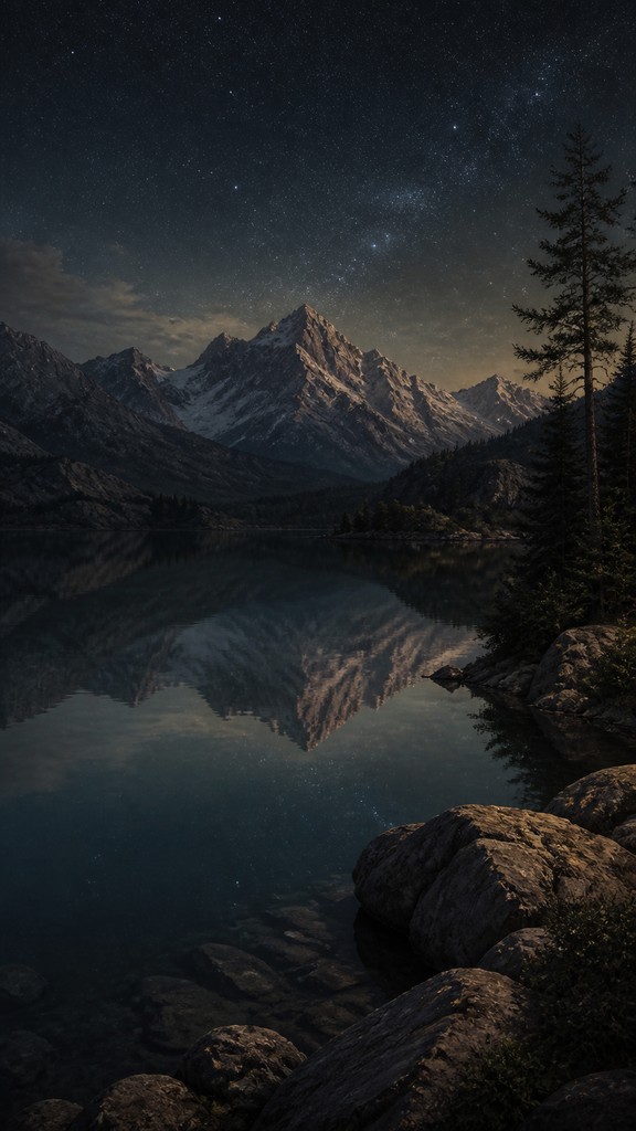 a tranquil mountain lake beneath a starry night sky, no people, no text