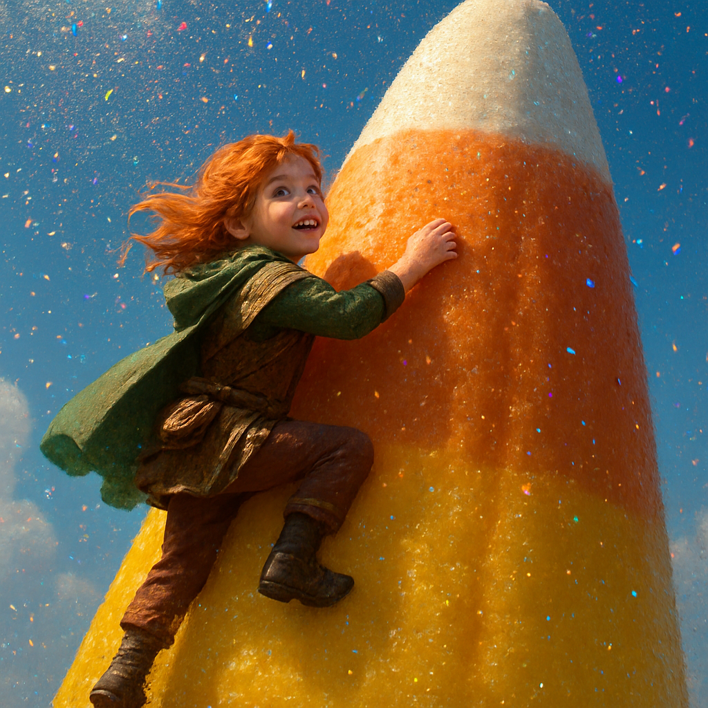 A young red-haired girl in whimsical adventurer clothes, bravely climbing a colossal, mountain-sized candy corn. The candy corn shows detailed white, orange, and yellow segments, towering into a bright, fantastical sky. Shimmering, multi-colored pixie stick dust rains down around her like a magical snowfall, sparkling in the light. She has a determined, joyful expression. Fantasy illustration, vibrant colors, dreamlike setting, epic scale, cinematic lighting."