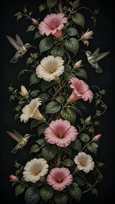 a climbing vine of flowers and hummingbirds on a dark background, tall wrapping composition, no text