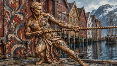 a painting of a man holding a rope near a body of water
