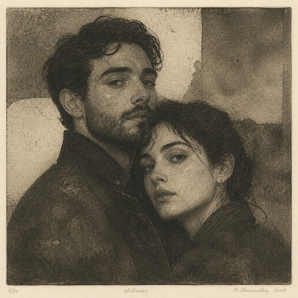 portrait of two people together — Aquatint Print Style