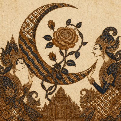 a rose entwined with a crescent moon, clean balanced composition on a plain background, no text
