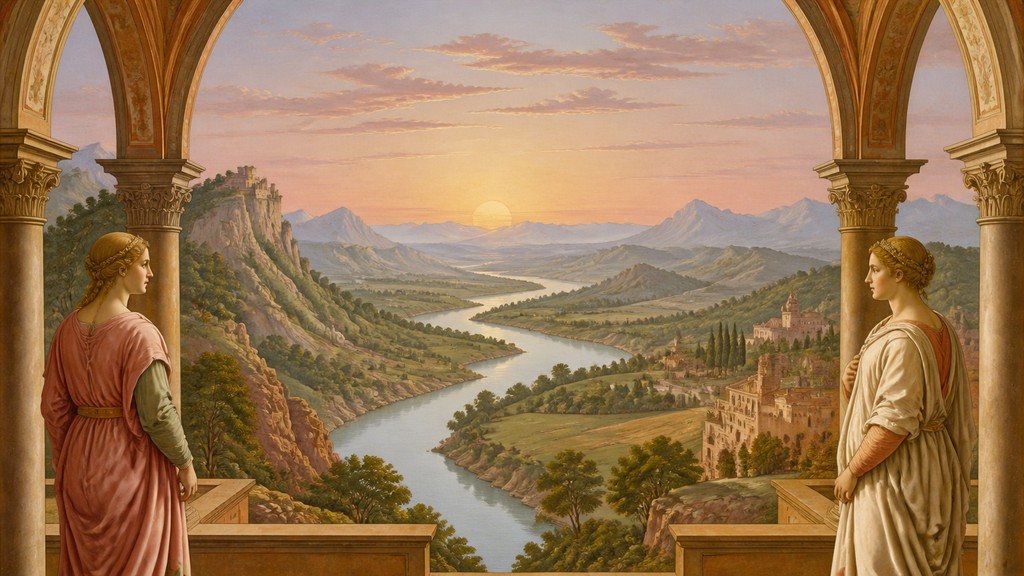 a vast valley with a river winding toward distant mountains at sunrise, no people, no text