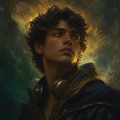 head-and-shoulders portrait of an original character: a young man with curly dark hair and headphones around his neck, plain backdrop, no text