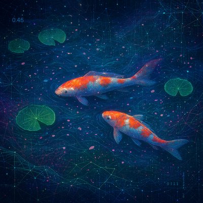 A koi pond seen from above, orange and white koi fish swimming among lily pads, clear water with subtle ripples, fallen cherry blossom petals floating on the surface, dappled sunlight