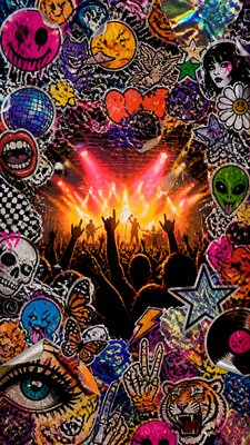 a live music scene with a glowing stage and silhouetted crowd, energetic vertical composition with open space at the top, no text