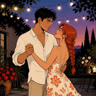 an original couple dancing under string lights in a garden at dusk: a man with short black hair in a linen shirt and a woman with braided red hair in a summer dress