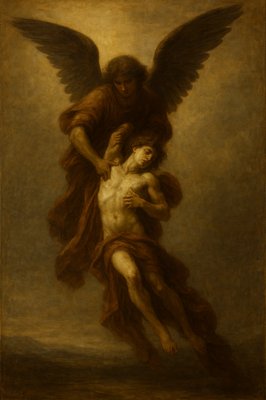 a painting of a man being carried by an angel