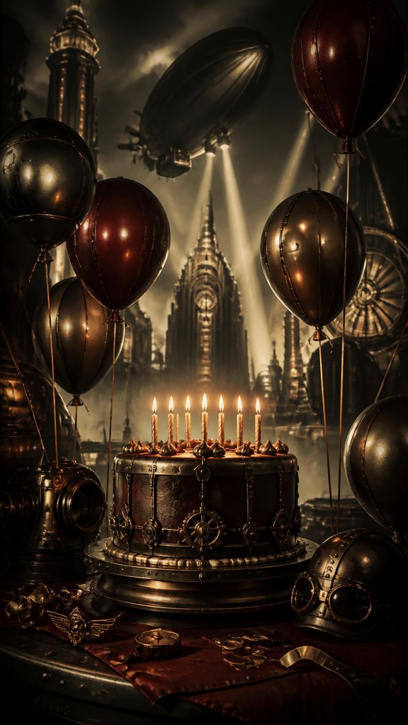 a birthday cake with lit candles surrounded by balloons and confetti, festive vertical composition, no text
