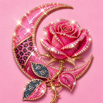 a rose entwined with a crescent moon, clean balanced composition on a plain background, no text