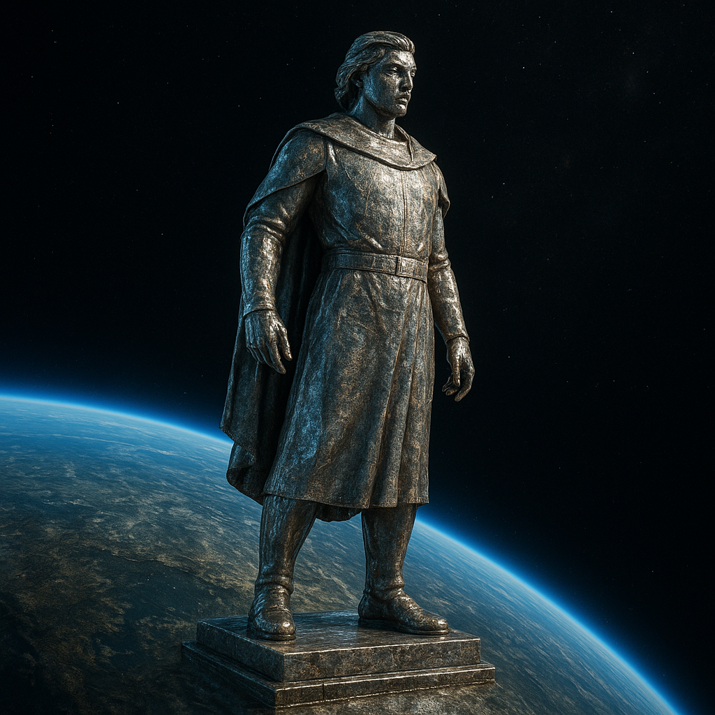a statue of a man standing in front of the earth