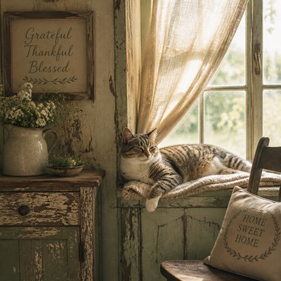 a cat lounging in a sunlit window