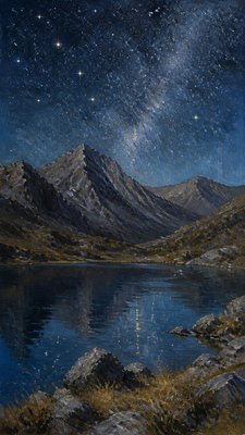 a tranquil mountain lake beneath a starry night sky, no people, no text