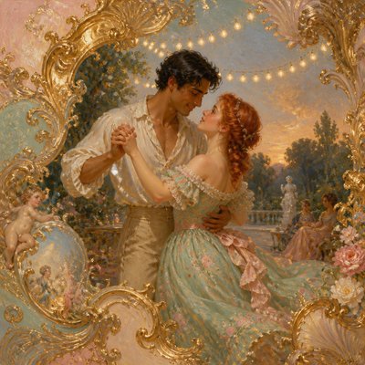 an original couple dancing under string lights in a garden at dusk: a man with short black hair in a linen shirt and a woman with braided red hair in a summer dress
