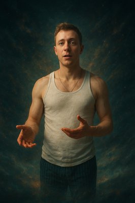 a man in a tank top holding out his hands