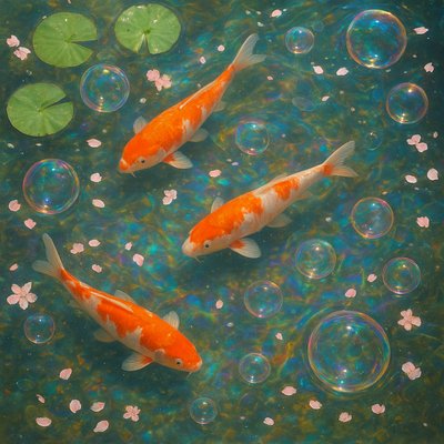 A koi pond seen from above, orange and white koi fish swimming among lily pads, clear water with subtle ripples, fallen cherry blossom petals floating on the surface, dappled sunlight
