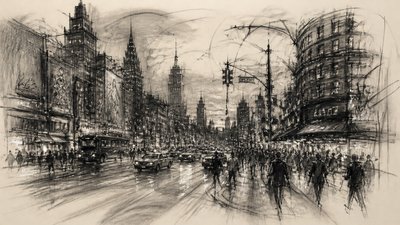 bustling city street panorama at dusk