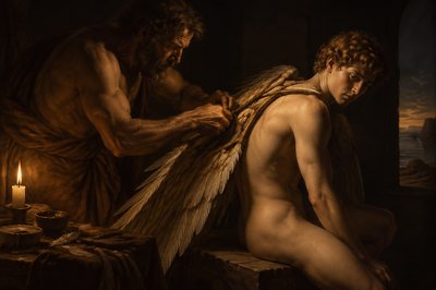 ancient greek ignudi Dadelus fastens a pair of wings on his son Icarus 