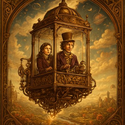 An awe-inspiring and whimsical scene featuring Willy Wonka's Great Glass Wonkavator, soaring through the sky and beyond the confines of the chocolate factory. The Wonkavator itself is a magnificent, multi-directional glass elevator, transparent and sparkling, with a middle aged Willy Wonka (wearing his iconic top hat, purple coat, and bowtie) and a young Victorian well dressed lady looking out with expressions of wonder and excitement. The interior is filled with intricate buttons and levers for controlling its magical flight. The Wonkavator is depicted in mid-flight, perhaps bursting through the factory roof or ascending above the clouds. Below it, the fantastical landscape of the Chocolate Factory is visible – chocolate rivers, edible gardens, candy cane trees, and various whimsical buildings. Beyond the factory, a stunning, imaginative sky unfolds, perhaps with floating candy clouds, distant fantastical landmarks, or even glimpses of outer space and planets. The lighting is bright and magical, emphasizing the glass's transparency and the vibrant colors of the world below and beyond. The overall mood is one of boundless adventure, limitless possibilities, and pure, joyful fantasy."