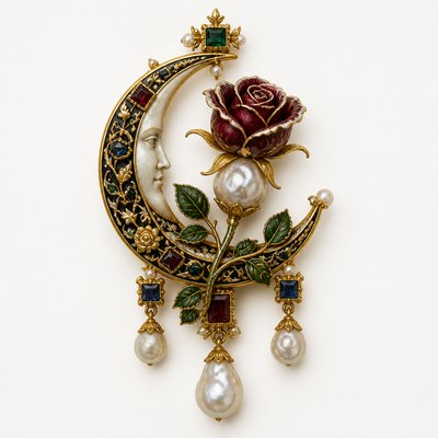 a rose entwined with a crescent moon, clean balanced composition on a plain background, no text