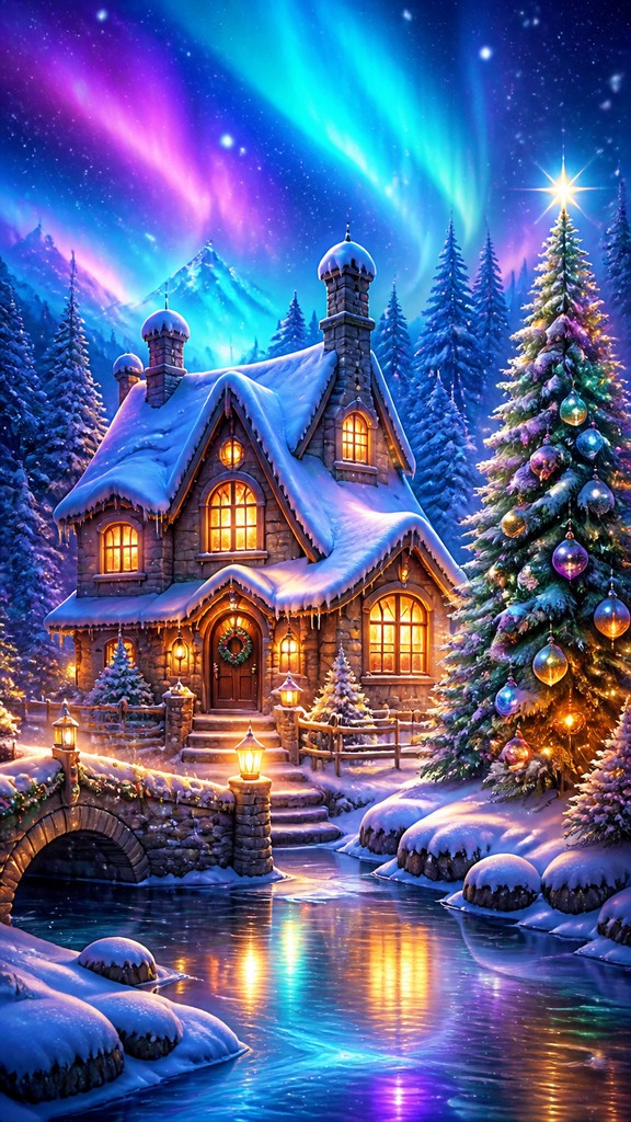 a snow-covered cottage with warm glowing windows beside a decorated pine tree, gentle snowfall, no text