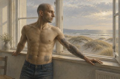 a painting of a man standing in front of a window