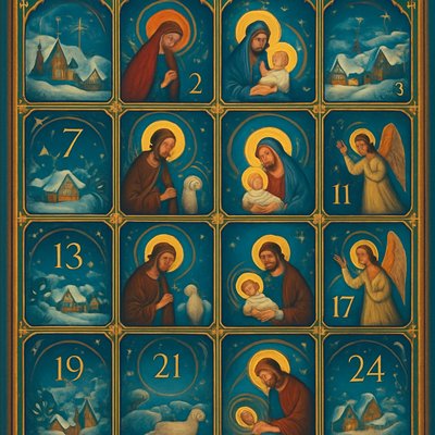 Advent Calendar grid with 24 numbered doors, ornate golden frames and festive borders, storybook charm inspired by Richard Sellmer’s 1940s German Advent calendars, hand-illustrated nativity scenes and snowy village backgrounds, nostalgic atmosphere, warm glowing highlights, vintage color palette, crisp outlines, painterly textures, classic fantasy illustration style