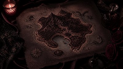 a map of an island realm with mountains, forests, a sheltered bay, sea monsters in the water and a compass rose, no text labels